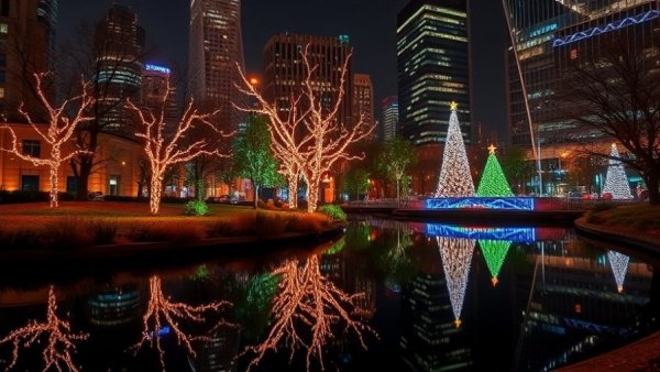 Dallas holiday events: colorful lights on trees reflecting in a pond.