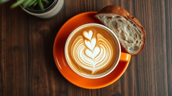 Beautiful latte art and bread on an orange plate at one of the best coffee shops in Dallas.