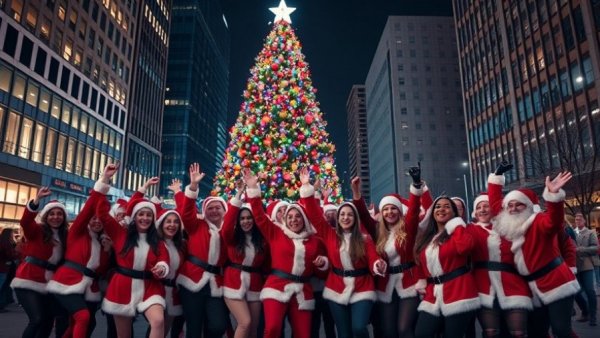 Dallas Santa Rampage group in festive Santa outfits posing joyfully.