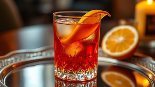Batched Sparkling Elderflower Negronis on tray with orange peel.