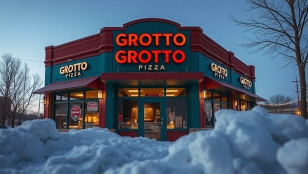 Grotto Pizza restaurant exterior at dusk in light snow.