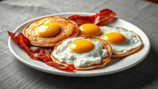 Classic Texas diner breakfast with eggs, bacon, and pancakes.