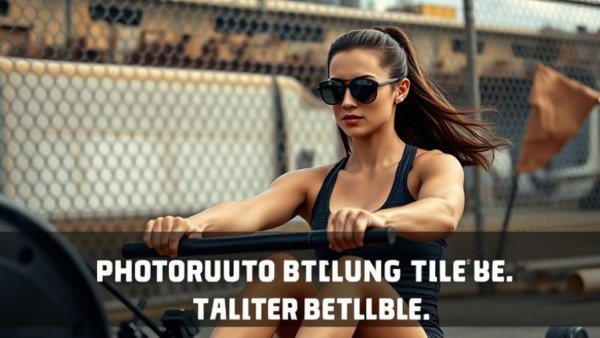 CrossFit athlete rowing outdoors, motivational text overlay.