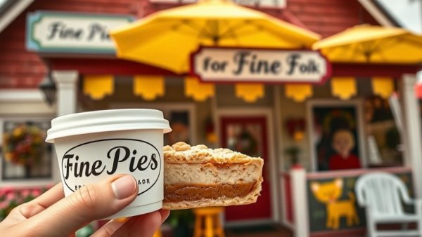 White Rhino Coffee Emporium Pies collaboration with pie and coffee in front of a shop.