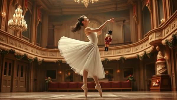Ballerina holding a Nutcracker on stage at DFW holiday performances.
