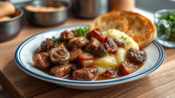 French onion braised beef with mashed potatoes and cheesy bread.