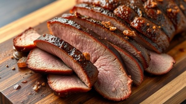 Pecan Lodge Christmas catering brisket on a wooden board.