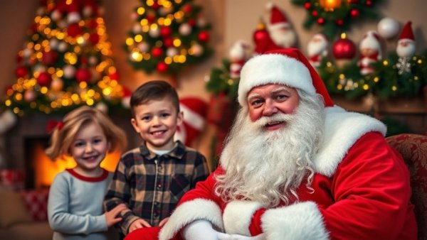 CPKC Holiday Train: Santa with children by Christmas tree.