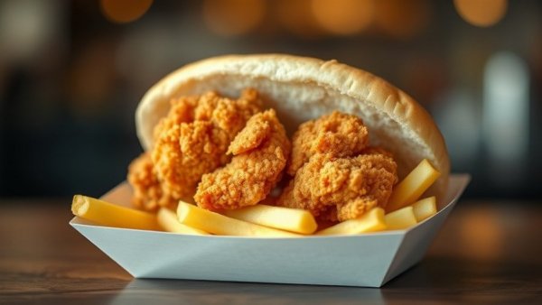 Rudy's Chicken Dallas specialty with fried chicken, fries, and bread.