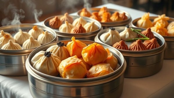 Delicious Dim Sum Garland arranged in metal steamers.