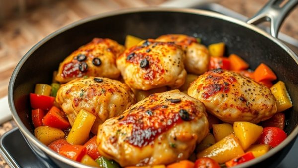Herby Chicken and Orzo Skillet with vegetables in skillet