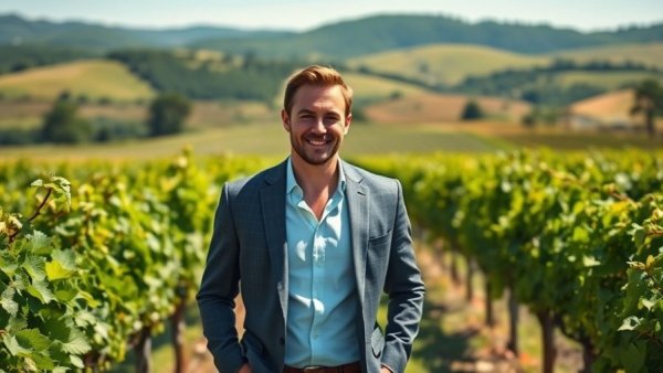 Chianti Classico vineyard with man smiling and walking, showcasing lush green landscape.