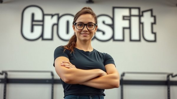CrossFit athlete posing confidently in gym with sign.