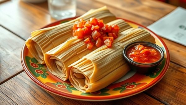 North Texas Tamales on a colorful plate with salsa.