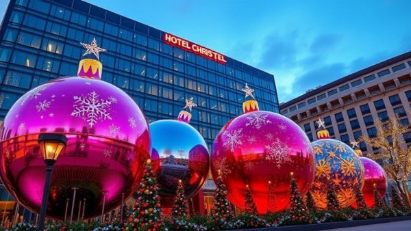 Vibrant giant Christmas ornaments at Omni Hotel, Dallas.