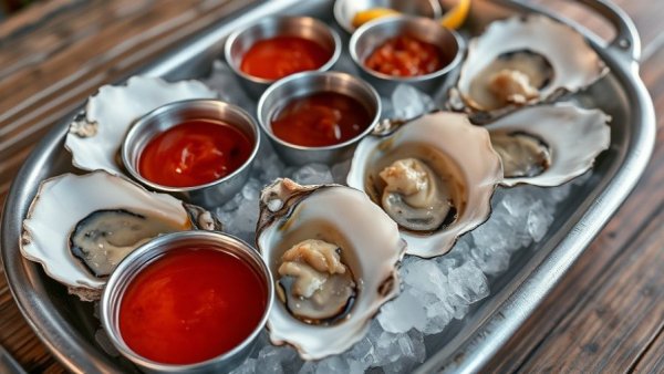 Fresh oysters on ice with sauces, Dallas Oyster Happy Hours.