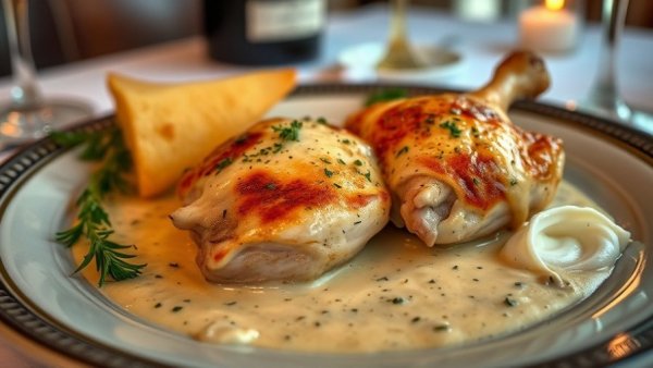 Coq au Champagne recipe with creamy sauce on plate.