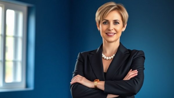 Confident woman in a formal suit standing indoors.