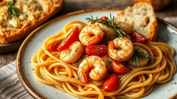 Shrimp linguine with focaccia at Italian restaurant in Fort Worth.