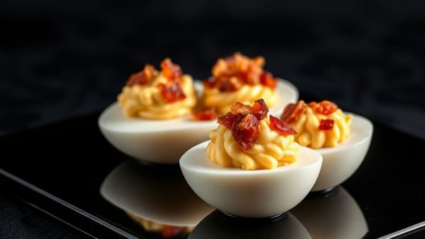 Gourmet Deviled Eggs in Dallas with bacon and cheese topping.