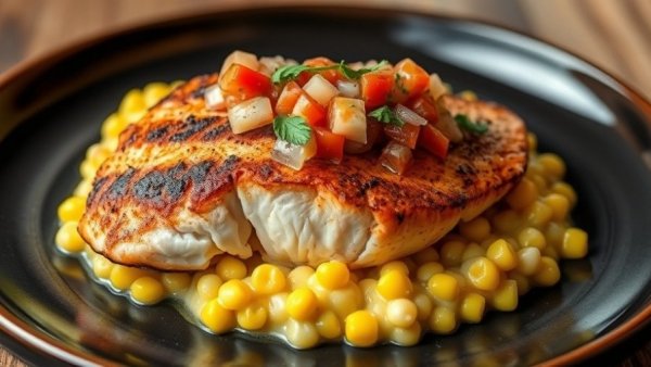 Dallas Wood-Fired American Cuisine featuring seared salmon and corn.