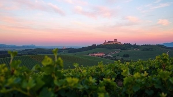 Ribera del Duero vineyard at sunset, castle in the distance.