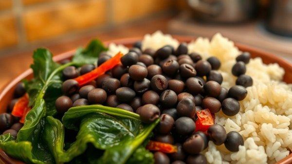New Year’s tradition black-eyed peas with rice and greens close-up.