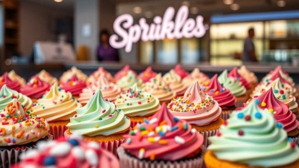 Sprinkles Cupcakes display with colorful sprinkles in bakery.