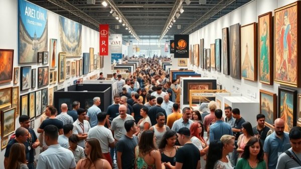 Vibrant art exhibition at LA Art Show 2026, lively gallery scene.