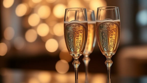Elegantly designed flutes of sparkling wine with glowing background.