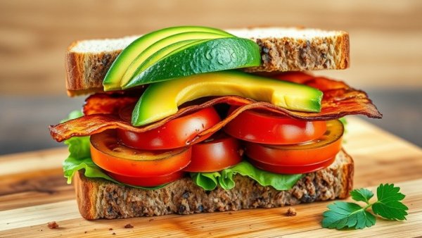 Freshly prepared Avocado BLT sandwich stacked on wooden board.