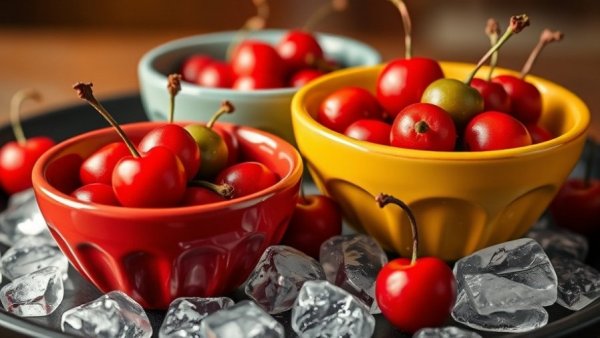 Cocktel Bandera Mexicana in ceramic bowls with cherries and olives.