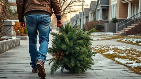 Christmas tree recycling process in Dallas with young adult.