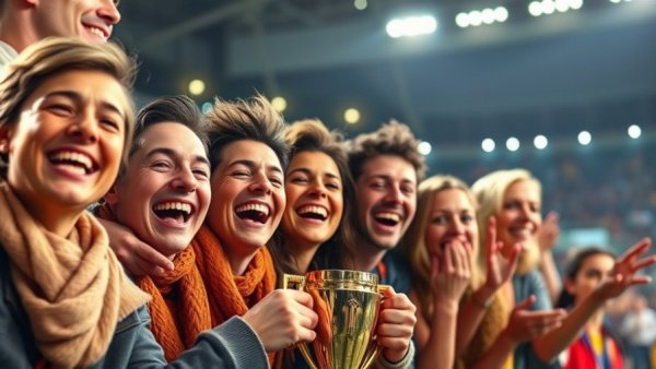Joyful group celebrating Montana State national title with trophy at stadium.