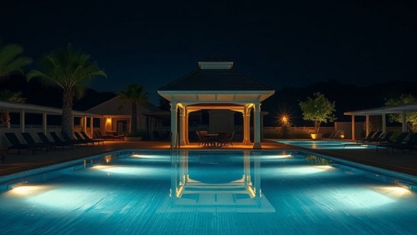 Serene pool area at Spa Castle DFW illuminated at night.