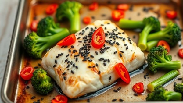 Sheet pan with miso-marinated cod and broccolini, topped with sesame.