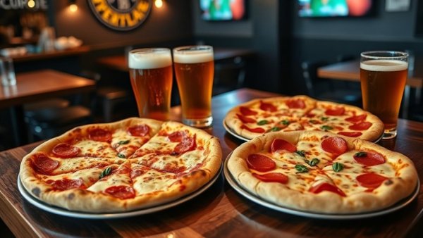National Pizza Day at Over Under Sports Bar with pizzas and beers.