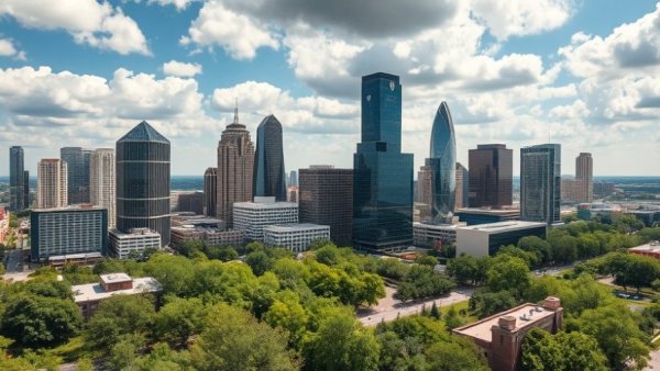 Aerial view of downtown Dallas emphasizing green spaces, fitting for Dallas Green Business Certification.