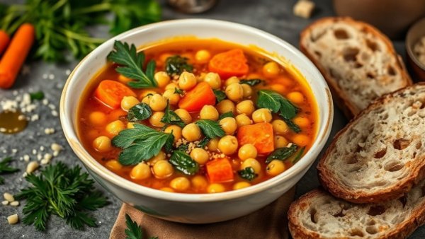Delicious bowl of chickpea and farro soup with bread and cheese.