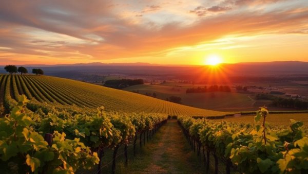 Vibrant vineyard scene with rolling hills at sunset in Red Hills AVA.