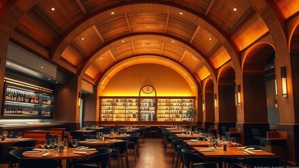 Elegant restaurant interior in Beverly's Downtown, warm lighting, wooden arches.