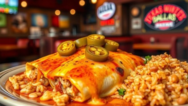 Tex-Mex dish at Dallas restaurant with enchiladas, rice, beans.