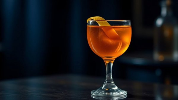 Martinez cocktail recipe in elegant glass with lemon peel garnish.