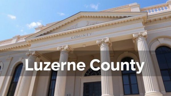 Luzerne County government building facade with text overlay.