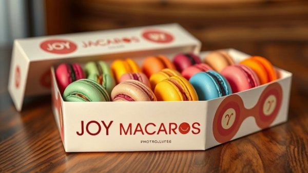 Joy Macarons Dallas box with assorted colorful macarons on a wooden table.