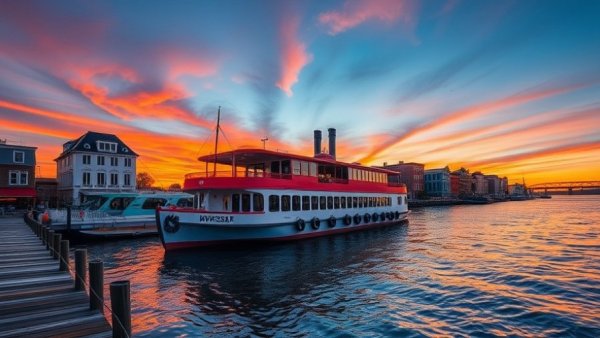 Savannah Georgia sunset riverboat, serene ambiance.