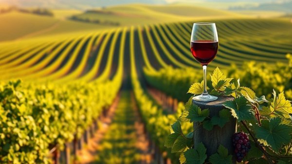 Vineyard with wine glass showcasing Texas and Beyond local wines.