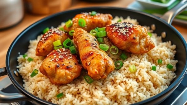 One-pan sesame chicken and rice in skillet garnished with green onions.