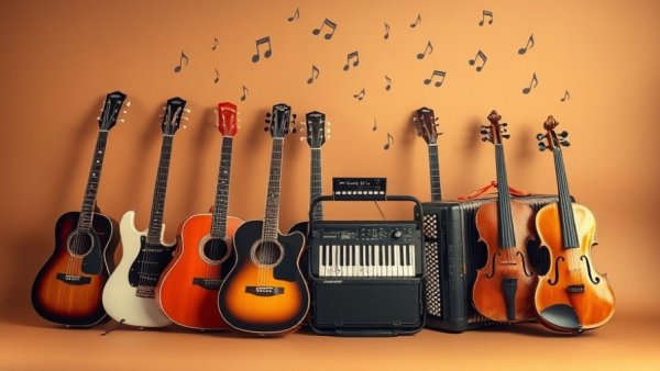Musical instruments with notes symbolizing music therapy for healthier living.