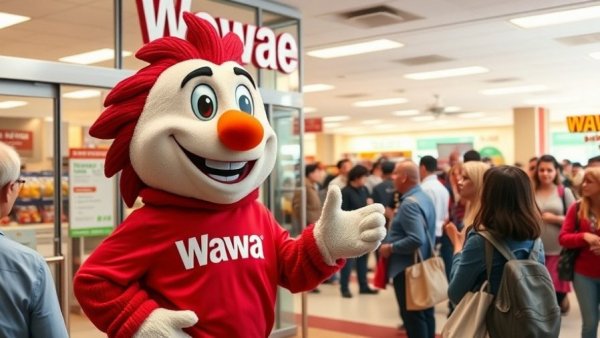 Wawa mascot welcoming customers at new Dallas Township store opening.